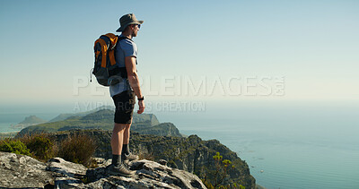 Buy stock photo Hiking, health and thinking with man on cliff for travel adventure, nature and scenery. Space, reflection and trip with person outdoor view on mountain for trekking holiday, explore and peace