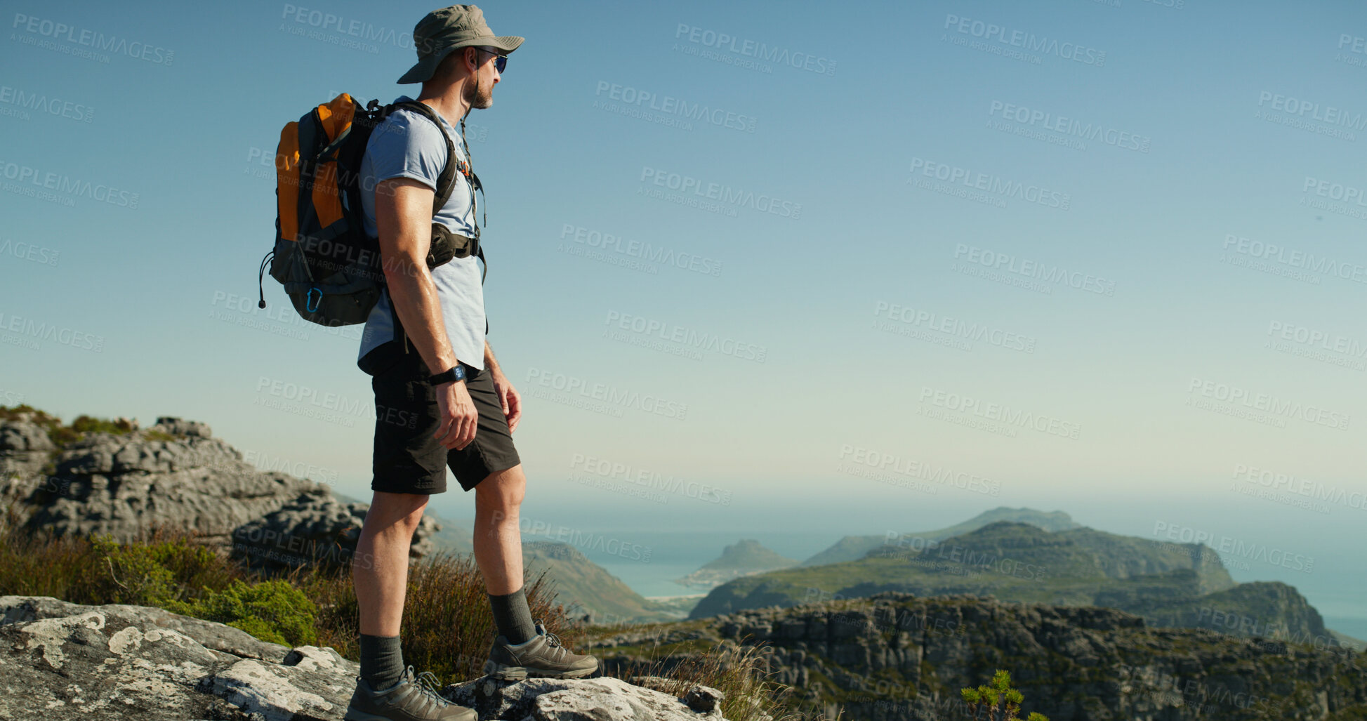 Buy stock photo Hiking, health and thinking with man in nature for cliff, travel adventure and workout. Space, reflection and exercise with person outdoor view on mountain for trekking holiday, explore and peace