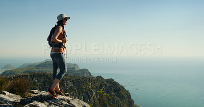 Buy stock photo Hiking, space and thinking with woman on cliff for travel adventure, nature and trip. Fitness, reflection and vacation with person outdoor view on mountain for trekking holiday, explore and peace