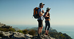 Couple, hiking and view on mountain with horizon, adventure and travel for backpacking in nature. Summit, support and vacation, woman and man outdoor for trekking and sightseeing space in Thailand