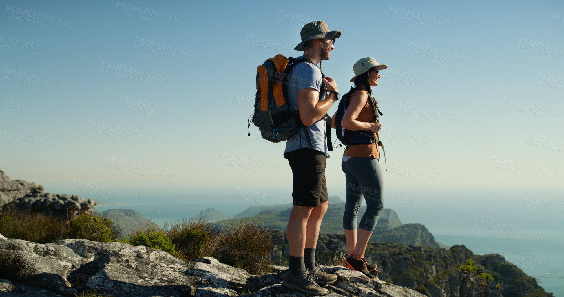 Buy stock photo Couple, hiking and view on mountain with horizon, adventure and travel for backpacking in nature. Summit, support and vacation, woman and man outdoor for trekking and sightseeing space in Thailand
