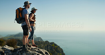 Buy stock photo Couple, hiking and space on mountain with horizon, adventure and travel for backpacking in nature. Summit, support and vacation for woman and man, trekking and view at sightseeing cliff in Thailand