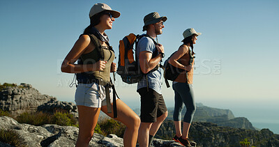 Buy stock photo Friends, hiking and view with group on mountain, travel and adventure with people backpacking in nature. Summit, support and women with man outdoor, trekking and tourism with sightseeing in Thailand