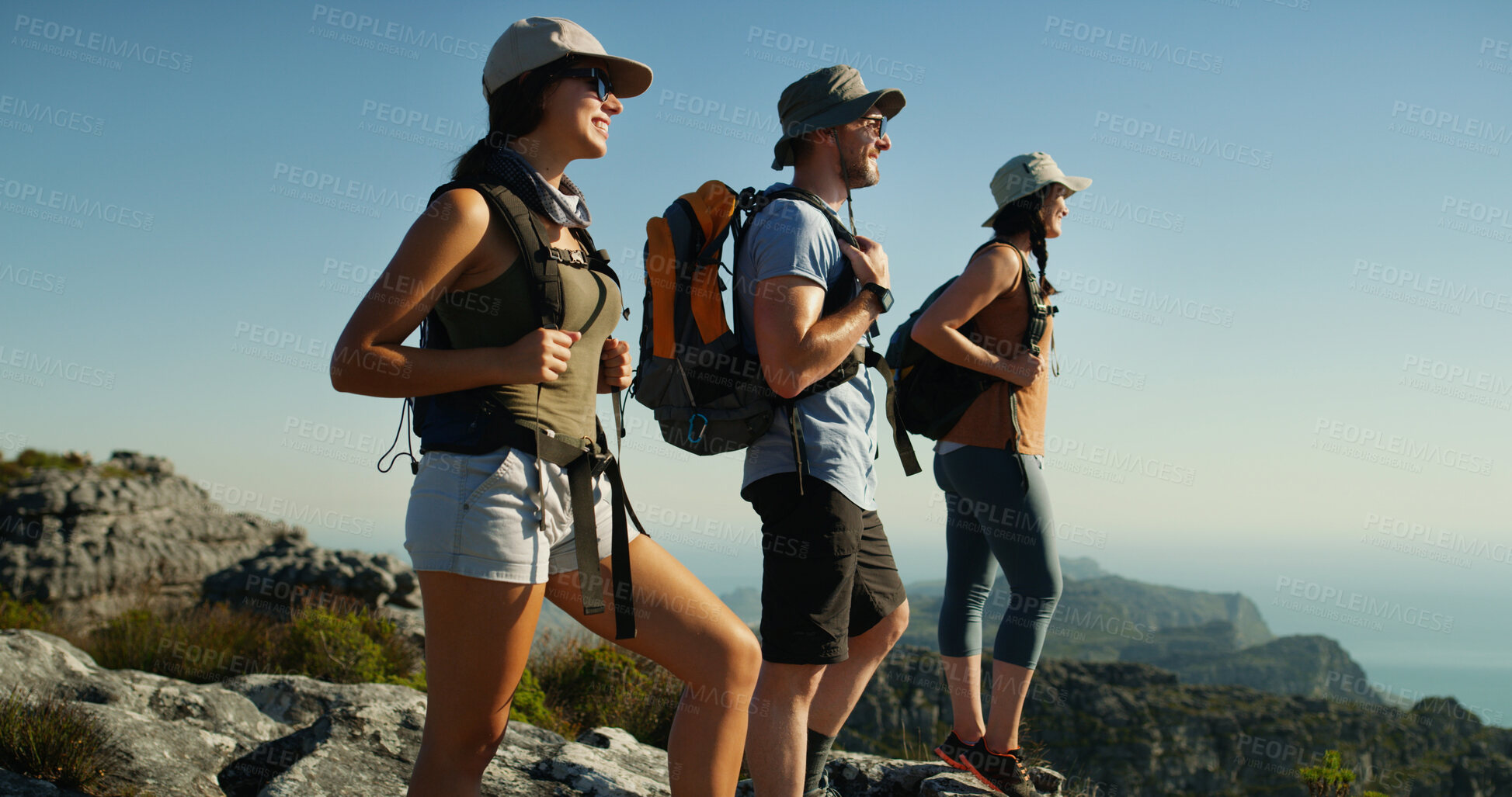 Buy stock photo Friends, hiking and view with group on mountain, travel and adventure with people backpacking in nature. Summit, support and women with man outdoor, trekking and tourism with sightseeing in Thailand