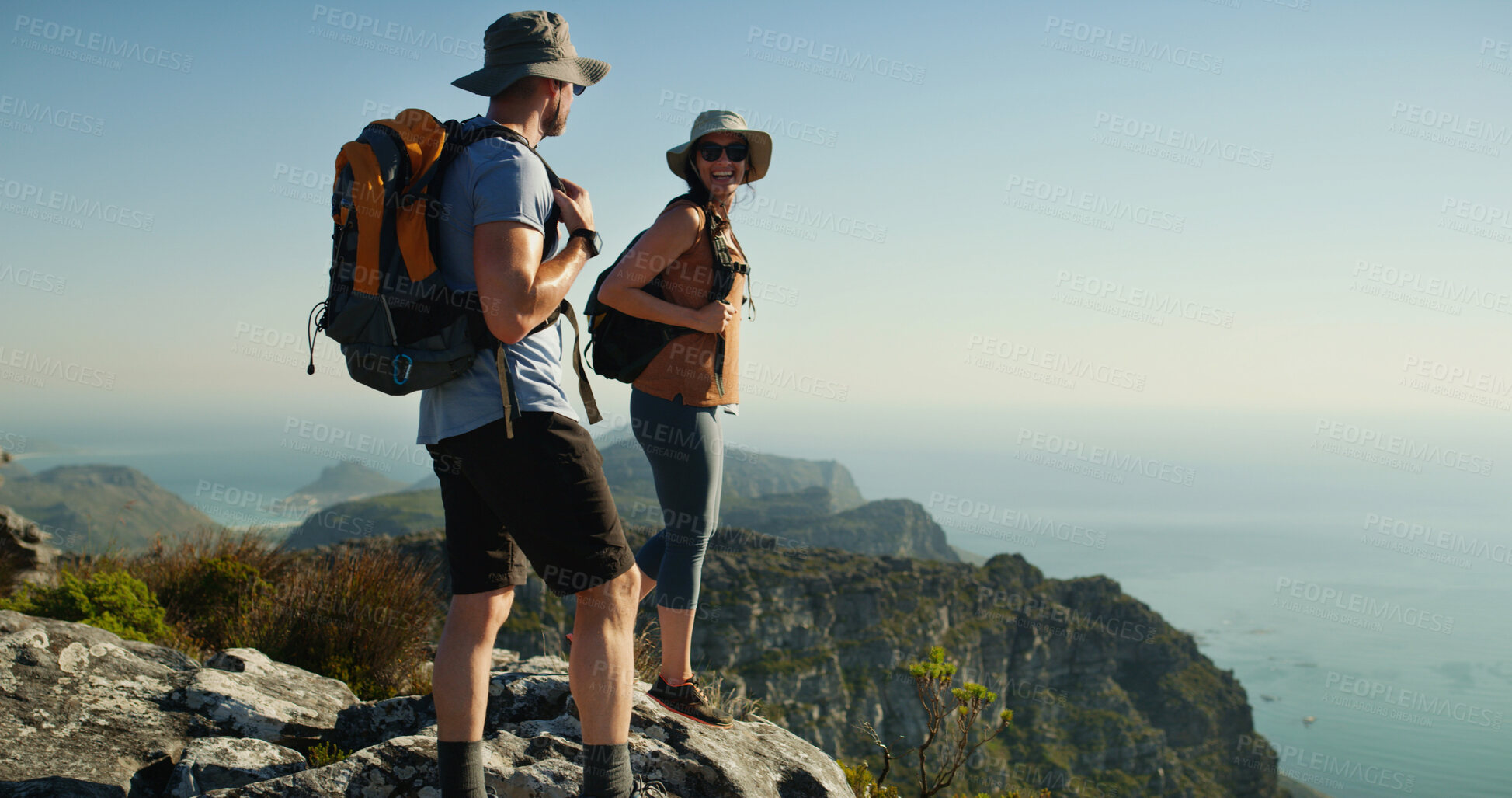 Buy stock photo Happy couple, hiking or mountain view with blue sky for travel, sightseeing vacation or adventure. Man, woman or hikers with space, hat or backpack for trekking challenge, journey or outdoor exercise