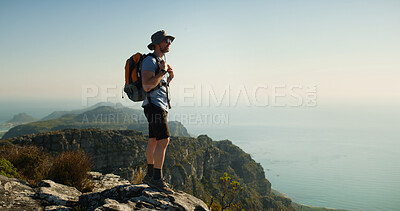 Buy stock photo Hiking, travel and thinking with man in nature for fitness, mountain adventure and workout. Space, reflection and exercise with person outdoor view on cliff for trekking holiday, explore and peace