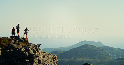 Buy stock photo Hiking, group and friends on mountain, scenery or space in nature, outdoor or adventure for tourists. Travel, backpacking and people on holiday for exploring, view or back of traveller in environment