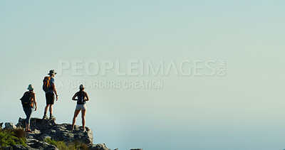 Buy stock photo Hiking, group and friends on mountain, travel or scenery in nature, space or adventure for tourists. Outdoor, backpacking and people on holiday for exploring, view or back of traveller in environment