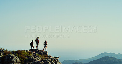 Buy stock photo Backpacking, group and friends on mountain, outdoor or scenery in nature, space or adventure for tourists. Travel, hiking and people on holiday for exploring, view or back of traveller in environment