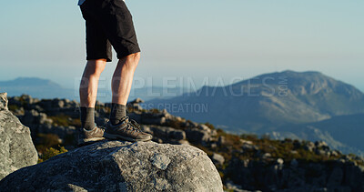 Buy stock photo Person, legs and hiker mountain view on rock for adventure, trekking journey or fitness in nature. Shoes, feet or cliff with peak or horizon for hiking trail, travel path or sightseeing destination