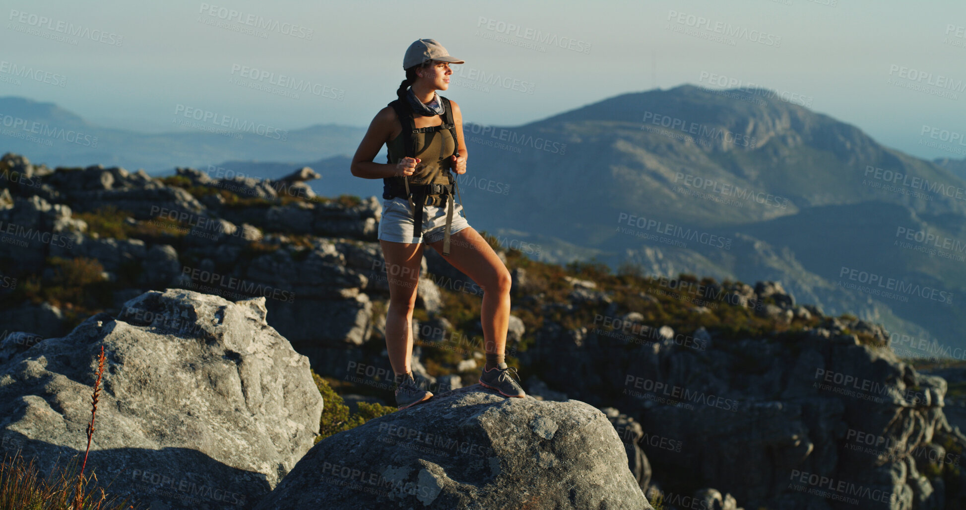 Buy stock photo Hiking, rock and thinking with woman in nature for fitness, travel adventure and environment. Health, reflection and relax with person outdoor view on cliff for trekking holiday, explore and mountain