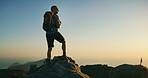 Man, hiker and mountain with backpack for sunset view, hiking adventure or conquer on rock. Male person, tourist or explorer with bag on cliff or peak for trekking journey or trip on mockup space