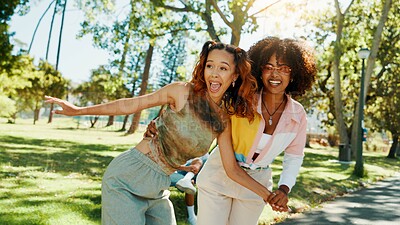 Buy stock photo Women, friends and playful fun at park for social gathering, university break and bonding together. Smile, people and embrace with support of summer vacation, freedom and reunion for streetwear style