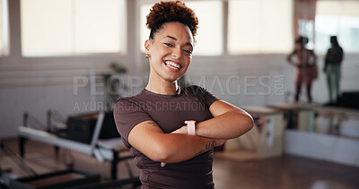 Buy stock photo Fitness, portrait and woman with arms crossed, gym and smile in morning, personal trainer and confident. Happy, people and exercise specialist with pride for new job, athlete and girl in health club
