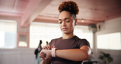 Buy stock photo Fitness, smart watch and woman in gym, wellness and check progress with exercise. Person, runner and athlete in health center, app for heart monitor and training with results, workout or cardio stats