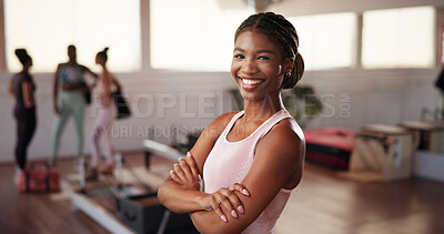 Buy stock photo Woman, arms crossed and smile at gym in portrait, pride and confidence for exercise, fitness and health. Girl, happy and break with training, workout and confident for transformation at wellness club