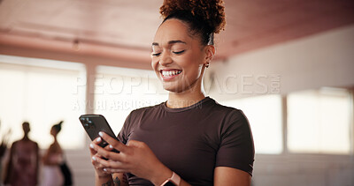Buy stock photo Gym, woman and laughing with smartphone for fitness, exercise video and funny reel on social media. Health club, African female person and happy with mobile for virtual tutorial, workout tips and app