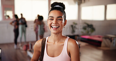Buy stock photo Fitness, pilates and portrait of woman laughing for body health, holistic wellness and training with instructor. Face, happy person and yoga studio for exercise, workout class and funny coach in gym