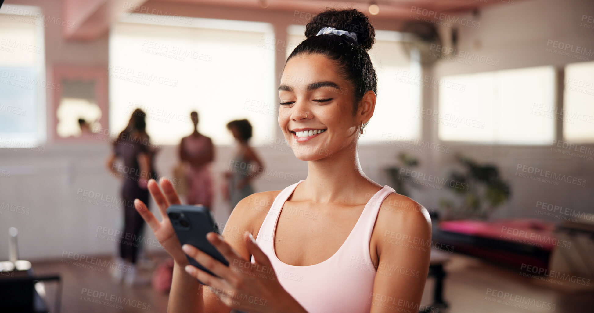 Buy stock photo Gym, woman and scroll with phone for fitness, exercise video and funny reel on social media. Health club, female person and happiness with mobile for virtual tutorial, workout break and streaming app