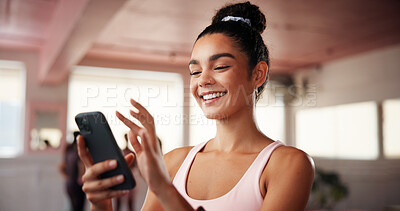 Buy stock photo Fitness, woman and social media with mobile in gym, health club and application for workout. Laugh, female person and scroll with smartphone for exercise video, meme and virtual tutorial for cardio