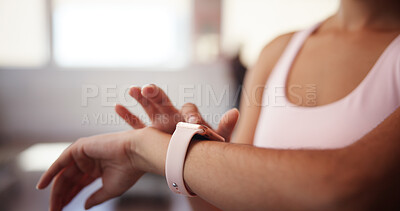 Buy stock photo Hands, pilates and time with woman in studio, tracking performance progress of training routine. Exercise, fitness and watch with arm of athlete person in gym for challenge, milestone or workout