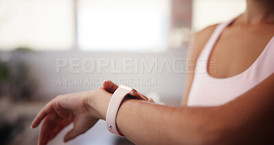 Buy stock photo Hands, pilates and watch with woman in studio, tracking performance progress of training routine. Exercise, fitness and time with arm of athlete person in gym for challenge, milestone or workout