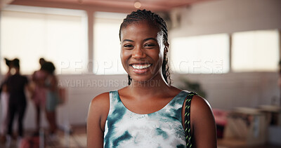 Buy stock photo Portrait, smile and woman in gym, fitness and confidence with exercise goals, pride and workout. African person, runner and athlete in wellness center, happiness and training with health benefits