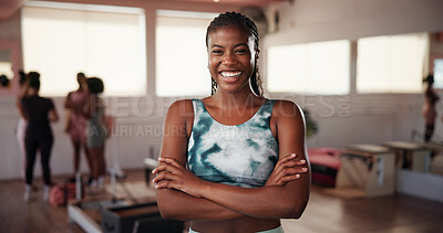 Buy stock photo Fitness, confident and woman with arms crossed, gym and portrait in morning, smile and personal trainer. Happy, people and exercise specialist with pride for new job, athlete and girl in health club