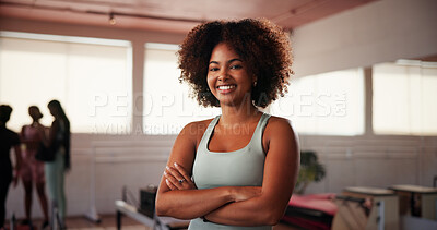 Buy stock photo Fitness, happy and woman with arms crossed, gym and portrait in morning, confident and personal trainer. Smile, people and exercise specialist with pride for new job, athlete and girl in health club