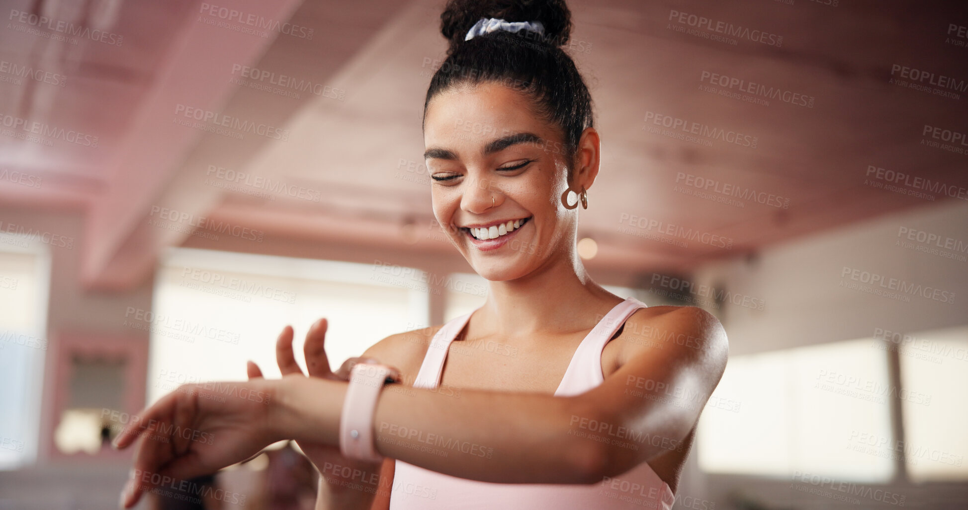 Buy stock photo Fitness, smart watch and woman in gym, health and check progress with exercise goals. Person, smile or athlete in wellness center, app for heart monitor or pride with results, workout or cardio stats