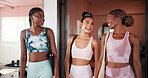 Walking, talking or women in yoga class for body, flexibility or wellness for balance or workout. Start, studio or people in pilates with support or activity for health, fitness or training in club