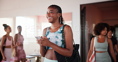 Buy stock photo Girl, smartphone and texting at gym with fitness, contact or excited with smile for stats with wellness. Woman, phone and app for progress, report and happy for results with workout at exercise club