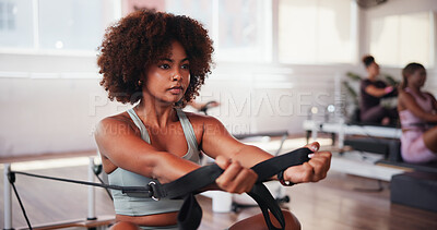 Buy stock photo Woman, pilates chair and exercise at gym for workout, strength and core muscle development at club. Person, equipment and training for strong abdomen, transformation and healthy body at fitness class