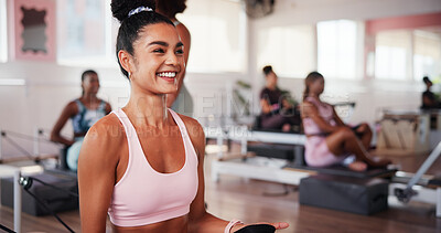 Buy stock photo Smile, fitness and woman on pilates reformer for exercise, body health and wellness in gym class. Person, workout equipment and resistance machine for strength, training and thinking of practice