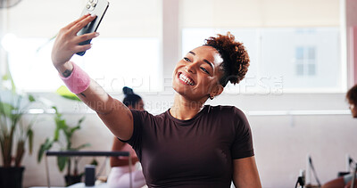Buy stock photo Fitness, smile and selfie of happy woman in gym for health, wellness and show body on social media post. Photography, person or picture for exercise, workout class or influencer with vlog for memory