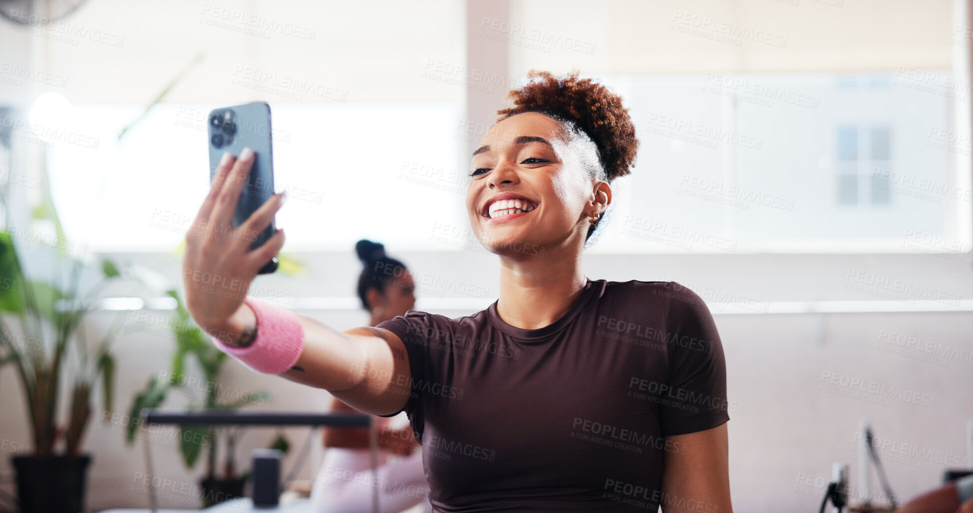 Buy stock photo Fitness, selfie and happy woman in gym for health, wellness and show body on social media post. Photography, person or profile picture for exercise, workout class or influencer with vlog for memory