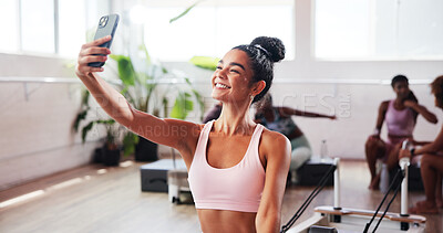 Buy stock photo Girl, selfie and happy at gym for fitness class, memory and post results on social network. Influencer, woman and excited with smile, photography and profile picture with healthy body exercise club