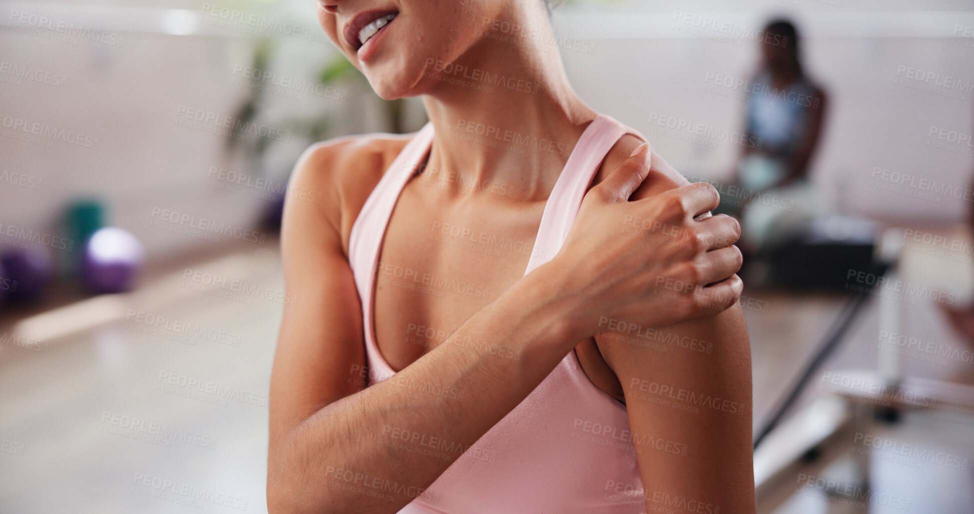 Buy stock photo Gym, hand and woman with shoulder pain for fitness, muscle tension and inflammation in studio. Health club, female person and wellness with massage for joint injury, discomfort and sore for workout
