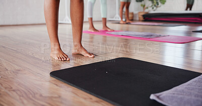 Buy stock photo Mat, feet or legs of woman in yoga class for flexibility or wellness or balance in training. Start, floor or people in pilates studio holistic healing for health activity, fitness or warm up in club