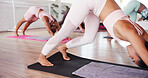 Meditation, women and group in class, stretching and yoga with balance, exercise and health benefits. People, yogi and group in wellness center, workout or stress relief with fitness, chakra or hobby
