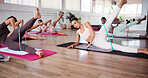 Pilates, stretching and women with resistance band in class for training, workout and mobility. Fitness, gym and people with equipment for leg exercise for wellness, health and challenge for strength
