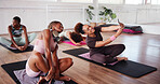 Friends, smile and selfie in yoga class for social media, communication and fitness app update. Women, relax and happy in pilates studio for story, photography and funny picture for wellness forum