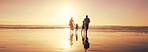 Sunset, family holding hands and running to ocean water for vacation, bonding and energy outdoor. Back, mother and father with kids at beach with mockup space for travel or play game with parents