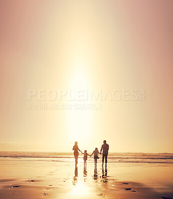 Buy stock photo Sunset, family and holding hands at sea for holiday, walking and bonding together outdoor. Back, mother and father with children at ocean with mockup space, travel or summer adventure with parents
