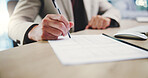 Hands, contract and businessman in office signing for financial investment in corporate company. Document, pen and male finance investor with paperwork for dividend, deal or agreement in workplace.