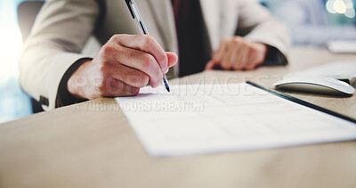 Buy stock photo Hands, contract and businessman in office signing for financial investment in corporate company. Document, pen and male finance investor with paperwork for dividend, deal or agreement in workplace.