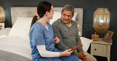 Buy stock photo Nurse, mature man and tablet with conversation, support and healthcare for retirement. Patient, caregiver and technology with nursing home, rehabilitation and bed for medical consulting and service
