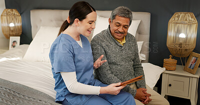 Buy stock photo Nurse, mature man and tablet with discussion, support and healthcare for retirement. Patient, caregiver and technology with nursing home, rehabilitation and bed for medical consulting and service