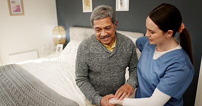 Buy stock photo Nurse, senior man and hug with support, empathy and healthcare for retirement. Patient, caregiver and pensioner with nursing home, rehabilitation and bedroom for medical consulting and service