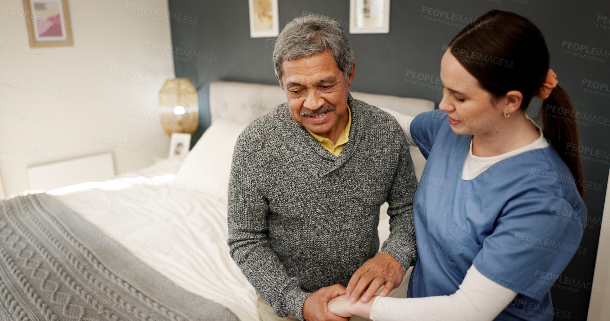 Buy stock photo Nurse, senior man and hug with support, empathy and healthcare for retirement. Patient, caregiver and pensioner with nursing home, rehabilitation and bedroom for medical consulting and service